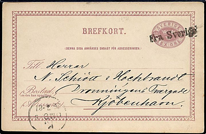 6 öre helsagsbrevkort fra Malmö d. 26.7.1881 annulleret med skibsstempel Fra Sverige og sidestemplet K. OMB. d. 26.7.1881 til København, Danmark.