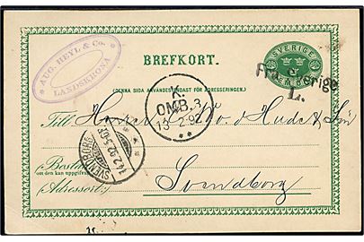 5 öre helsagsbrevkort fra Landskrona annulleret med skibsstempel Fra Sverige L. og sidestemplet K. OMB. 3 d. 13.2.1892 til Svendborg, Danmark.