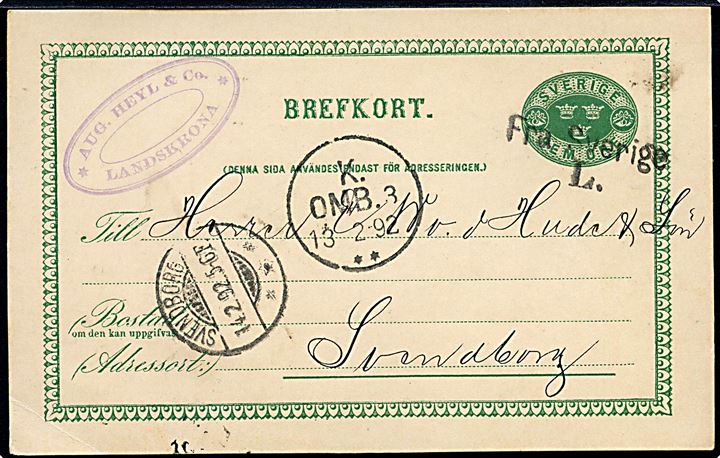 5 öre helsagsbrevkort fra Landskrona annulleret med skibsstempel Fra Sverige L. og sidestemplet K. OMB. 3 d. 13.2.1892 til Svendborg, Danmark.