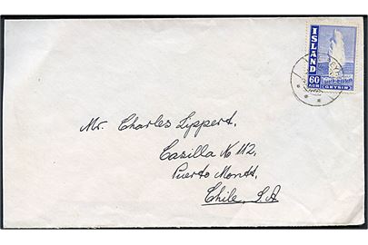 60 aur Geysir på brev fra Akureyri 1946 til Puerto Montt, Chile. Ank.stemplet d. 23.8.1946. Usædvanlig destination. Afkortet i venstre side.