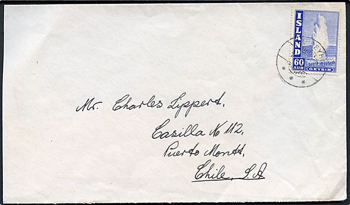 60 aur Geysir på brev fra Akureyri 1946 til Puerto Montt, Chile. Ank.stemplet d. 23.8.1946. Usædvanlig destination. Afkortet i venstre side.