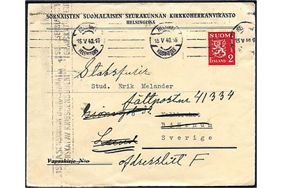 2 mk. Løve på brev fra Helsingfors d. 15.5.1940 til Bjärnum, Sverige - eftersendt til svensk fältpost no. 41334, Litra F. Finsk censur.