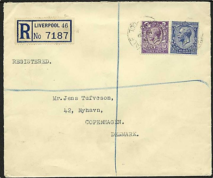 2½d og 3d George V på anbefalet brev fra Liverpool d. 19.9.1933 til København, Danmark.