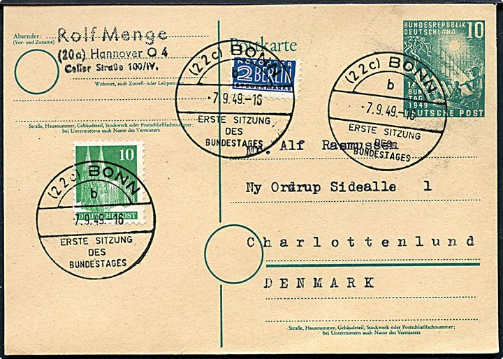 10 pfg. 1. Bundestag helsagsbrevkort opfrankeret med 10 pfg. Köner Dom og 2 pfg. Berlin Notopfer annulleret med særstempel Bonn Erste sitzung des Bundestages d. 7.9.1949 til Charlottenlund, Danmark. 