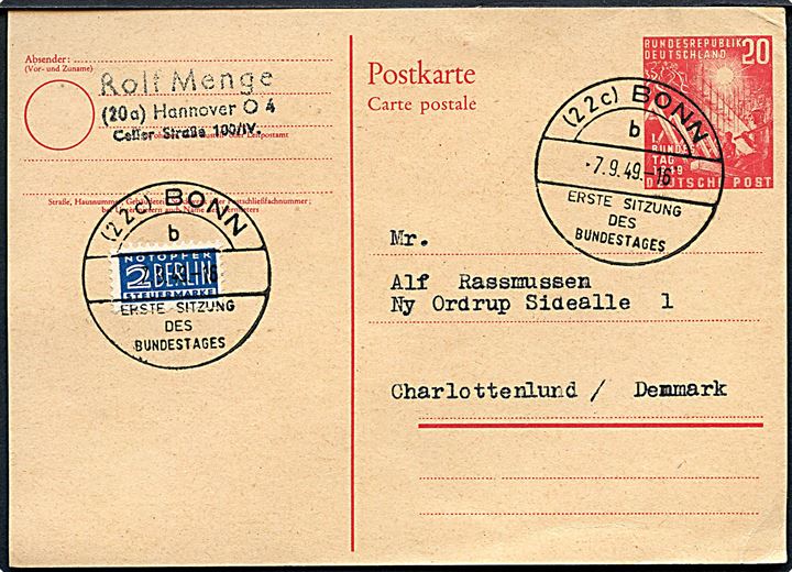 20 pfg. 1. Bundestag helsagsbrevkort med 2 pfg. Berlin Notopfer annulleret med særstempel Bonn Erste sitzung des Bundestages d. 7.9.1949 til Charlottenlund, Danmark.