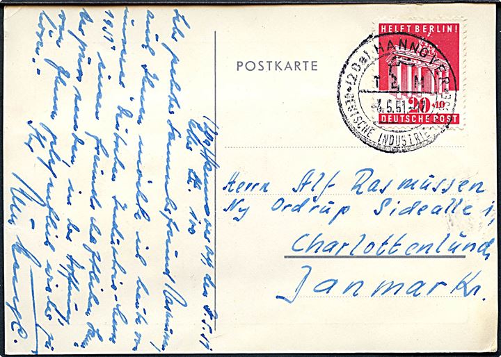20+10 pfg. Helft Berlin! udg. og andre på for- og bagside af brevkort annulleret Hannover * Deutsche Industrie-Messe* d. 3.5.1951 til Charlottenlund, Danmark.