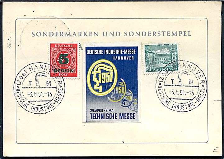 20+10 pfg. Helft Berlin! udg. og andre på for- og bagside af brevkort annulleret Hannover * Deutsche Industrie-Messe* d. 3.5.1951 til Charlottenlund, Danmark.