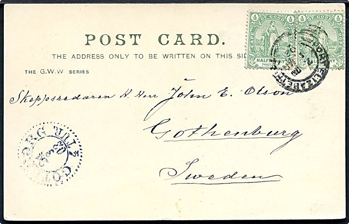 ½d i parstykke på brevkort fra Port Elizabeth d. 1.3.1902 til Göteborg, Sverige.