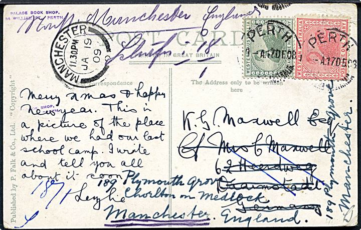 ½d og 1d Black Swan på brevkort fra Perth Western Australia d. 17.5.1909 til Tyskland - eftersendt til Manchester, England.