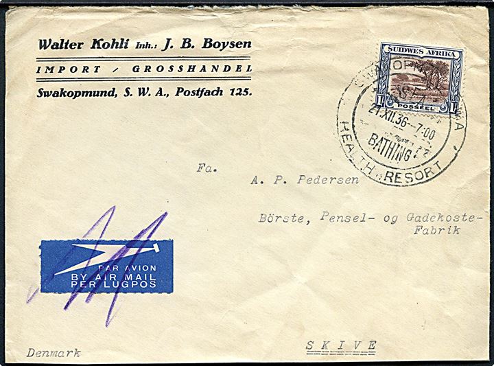 1 sh. single på luftpostbrev fra Swakopmund d. 21.12.1936 til Skive, Danmark. Luftpostetiket annulleret.