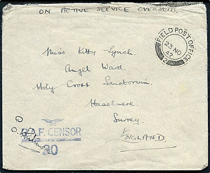 Ufrankeret OAS feltpostbrev stemplet Field Post Office 2 (= Seydisfjördur, Island) d. 23.11.1942 til England. Blålig unit censor R.A.F. Censor 30.