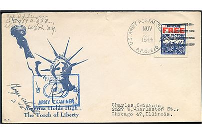 Ufrankeret amerikansk feltpostbrev med Postage Free for Victory mærkat stemplet U. S. Army Postal Service APO 610 (= Keflavik, Island) d. 22.11.1944 til Chicago, USA. Sendt fra soldat ved Co. B. 959 A.B.S. Bn. APO 610. Blå unit censor no. 10919.