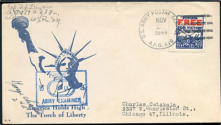Ufrankeret amerikansk feltpostbrev med Postage Free for Victory mærkat stemplet U. S. Army Postal Service APO 610 (= Keflavik, Island) d. 22.11.1944 til Chicago, USA. Sendt fra soldat ved Co. B. 959 A.B.S. Bn. APO 610. Blå unit censor no. 10919.