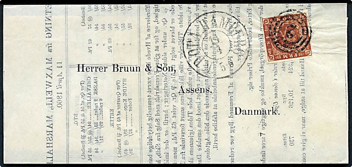 4 sk. 1854 udg. på markedsberetning dateret Leith d. 11.4.1860 annulleret med nr.stempel 2 og sidestemplet antiqua K.D.O.P.A. Hamburg d. 14.4.1860 til Assens.
