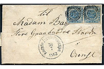 2 sk. 1855 udg. i vandret parstykke på brev annulleret med nr.stempel 179 og sidestemplet antiqua Korsör Jernb: Postexped: d. 30.7.1863 til Odense.