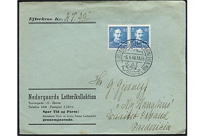 40 øre Chr. X i vandret parstykke på brev med opkrævning fra Skive d. 6.4.1948 til Erritsø Strand pr. Fredericia.