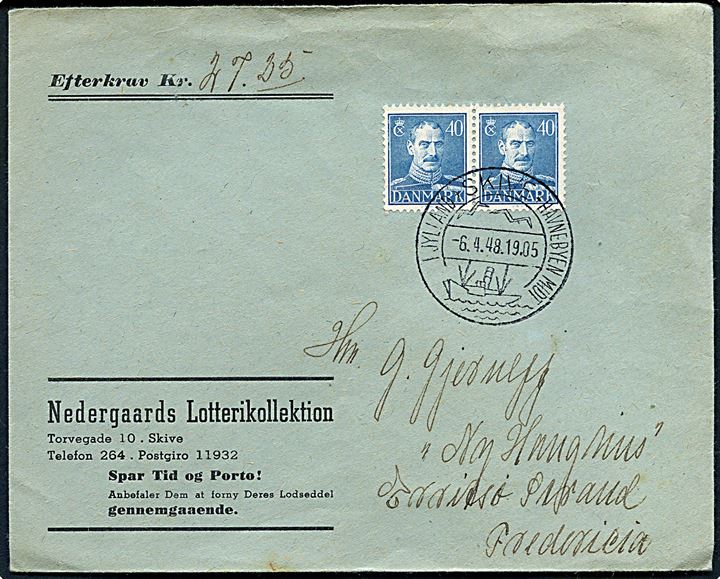 40 øre Chr. X i vandret parstykke på brev med opkrævning fra Skive d. 6.4.1948 til Erritsø Strand pr. Fredericia.