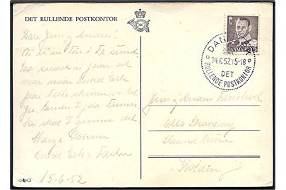 15 øre Fr. IX på brevkort annulleret med særstempel Danmark * Det rullende Postkontor * d. 14.6.1952 til Kolding. Det rullende postkontor var opstillet i Frederikssund i dagene 13.-15.6.1952 i forbindelse med byfest.
