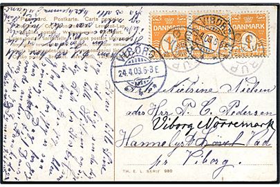 1 øre Bølgelinie (3) på lokalt brevkort annulleret med stjernestempel LØGSTRUP og sidestemplet Viborg d. 24.4.1908 - eftersendt.