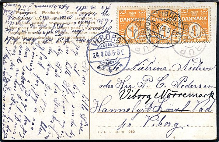 1 øre Bølgelinie (3) på lokalt brevkort annulleret med stjernestempel LØGSTRUP og sidestemplet Viborg d. 24.4.1908 - eftersendt.
