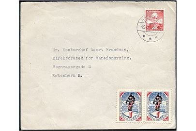 20 øre Chr. X og Grønlænderinders Uddannelse mærkat (2) på brev fra Upernavik d. 19.9.1946 til København.