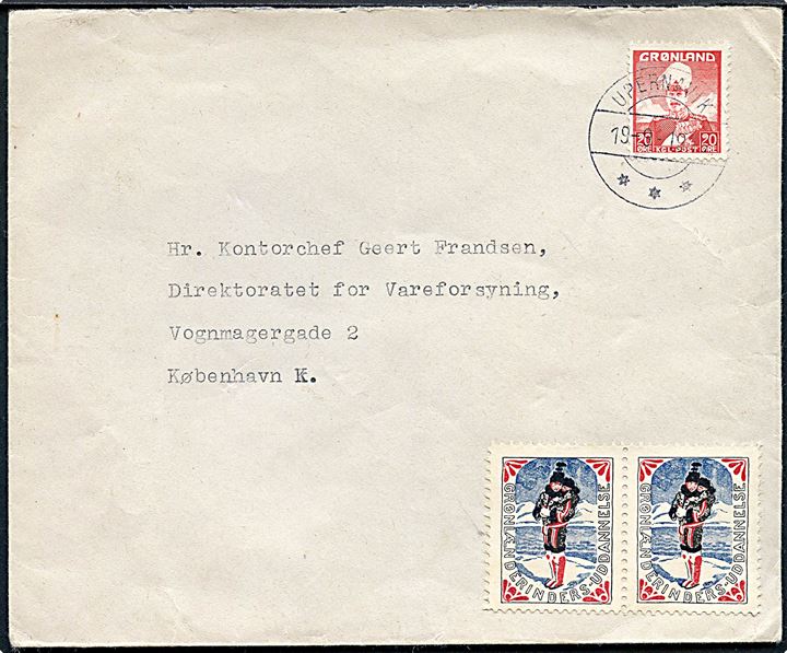 20 øre Chr. X og Grønlænderinders Uddannelse mærkat (2) på brev fra Upernavik d. 19.9.1946 til København.