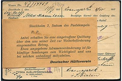 Ufrankeret fortrykt krigsfangekort med kvittering for modtaget pengebeløb fra Krasnojarsk, Sibirien d. 5.10.1917 til Tyska Hjälpföreningen i Stockholm, Sverige. Russisk censur.