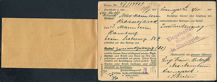 Ufrankeret fortrykt krigsfangekort med kvittering for modtaget pengebeløb fra Krasnojarsk, Sibirien d. 5.10.1917 til Tyska Hjälpföreningen i Stockholm, Sverige. Russisk censur.