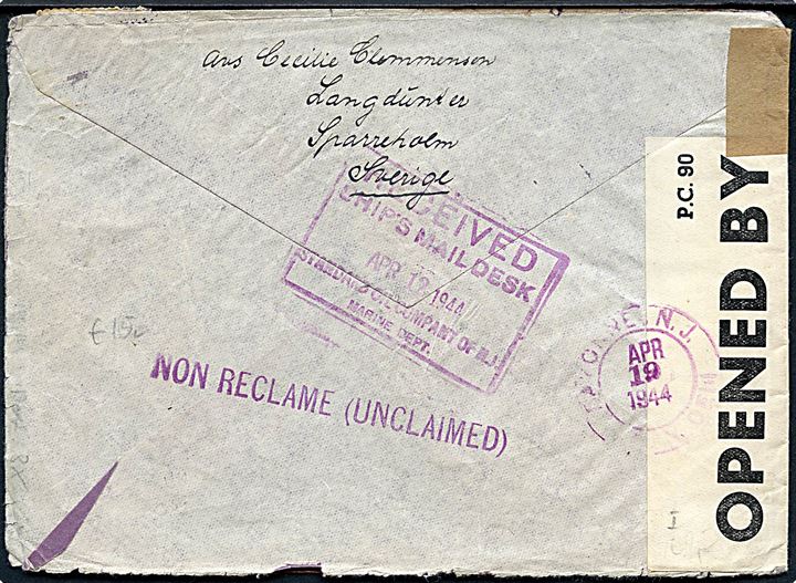 90 öre Tre Kroner (2) på luftpostbrev fra Sparreholm d. 11.2.1944 til maskinmester ved Standard Oil Company i Bayonne, New Jersey, USA. Retur med flere stempler. Påskrevet via England og åbnet af britisk censur PC90/4461.