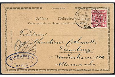10 pfg. Adler på brevkort (Dampfer Amazonas) fra Bahia annulleret med skibsstempel Deutsche Seepost Linie Hamburg-Südamerika XXII d. 27.9.1899 til Flensburg, Tyskland.