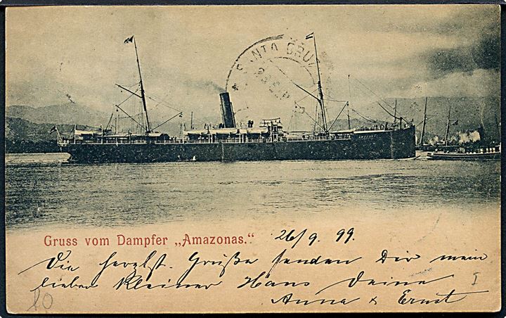 10 pfg. Adler på brevkort (Dampfer Amazonas) fra Bahia annulleret med skibsstempel Deutsche Seepost Linie Hamburg-Südamerika XXII d. 27.9.1899 til Flensburg, Tyskland.