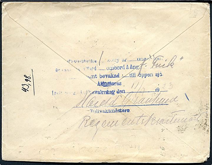 400 mk. Infa udg. (2) på brev fra Leipzig d. 9.7.1923 til Toldkammeret i Trelleborg, Sverige. På bagsiden mystisk svensk toldstempel. 