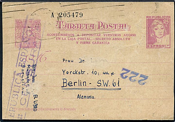 25 cts. helsagsbrevkort fra Barcelona d. 3.2.1938 til Berlin, Tyskland. Lokal spansk censur.