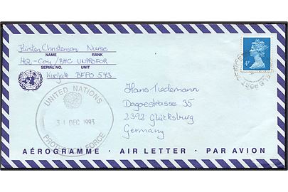 britisk 4d Elizabeth på fortrykt FN-airletter annulleret med svagt britisk feltpoststempel Field Post Office 55? d. 30.12.1993 og sidestemplet United Nations Protection Force d. 31.12.1993 til Glücksburg, Tyskland. Sendt fra dansk sygeplejeske ved HQ-Coy BHC UNPROFOR Kiseljak BFPO 543.