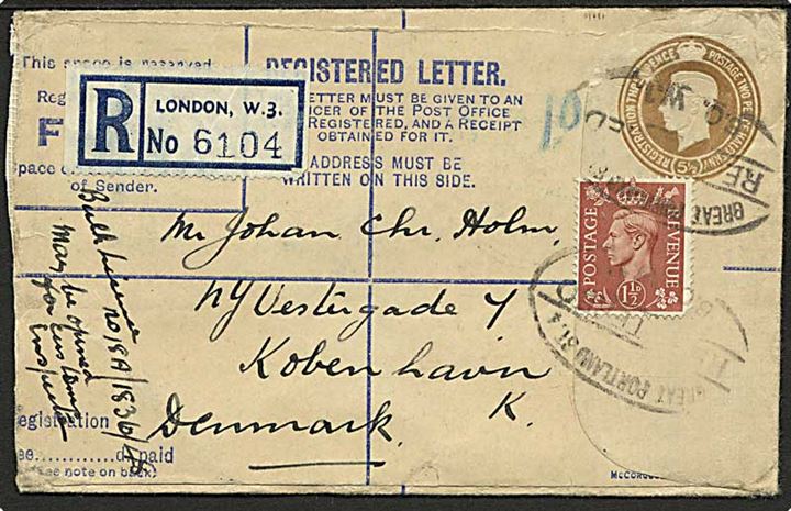 5½d George VI anbefalet helsags kuvert opfrankeret med 1½d George VI fra London ca. 1948 til København, Danmark.