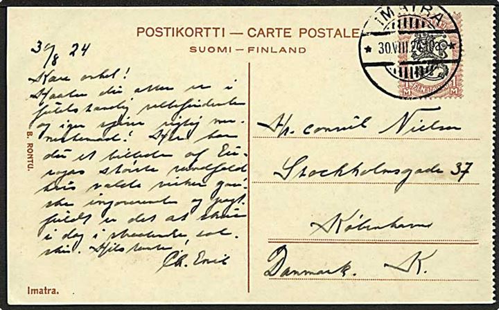 1 mk. Løve udg. på brevkort fra Imatra d. 30.8.1924 til København, Danmark.