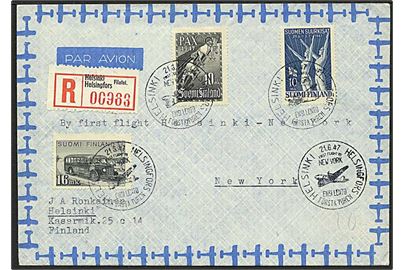 36 mk. blandingsfrankeret anbefalet 1.flyvnings luftpostbrev fra Helsinki d. 21.6.1947 til New York, USA.