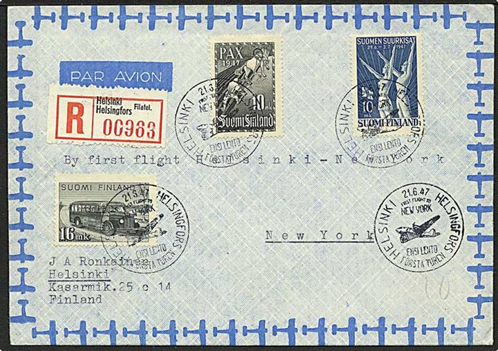 36 mk. blandingsfrankeret anbefalet 1.flyvnings luftpostbrev fra Helsinki d. 21.6.1947 til New York, USA.