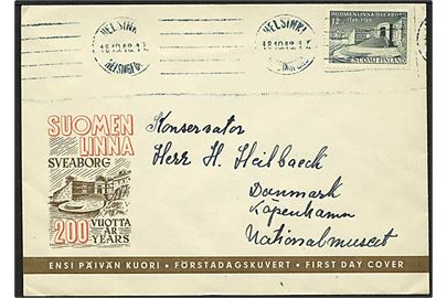 12 mk. Suomenlinna sigle på illustreret FDC stemplet Helsinki d. 18.10.1948 til København, Danmark.