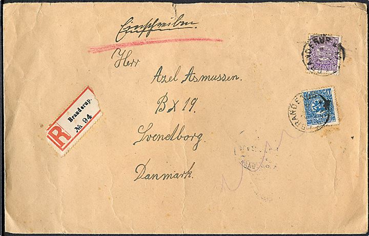 20 pfg. og 40 pfg. Fælles udg. på stort anbefalet brev annulleret med enringsstempel Branderup d. 25.4.1920 til Svendborg, Danmark. Ank.stemplet i Svendborg d. 26.4.1920