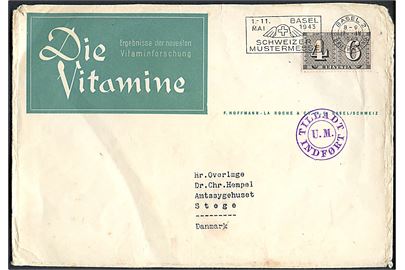 6+4 c. Frimærke Jubilæum single på tryksag fra Basel d. 17.4.1943 til Stege, Danmark. Violet stempel Tilladt Indført /U.M. fra Udenrigsministeriets Tryksagskontrol.