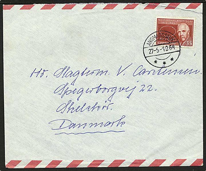 35 øre Niels Bohr på luftpostbrev fra Angmagssalik d. 27.5.1964 til Skælskør.