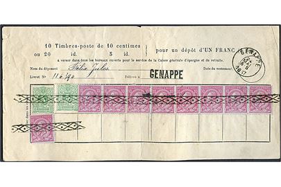 5 c. Ciffer (2) og 10 c. Leopold II (9) annulleret med stumt rullestempel på formular fra Genappe d. 24.5.1887. 