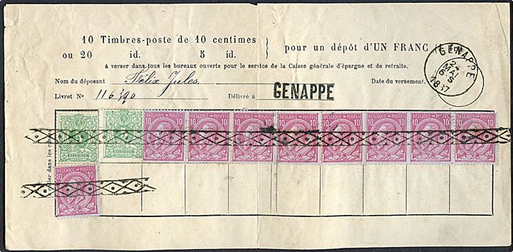 5 c. Ciffer (2) og 10 c. Leopold II (9) annulleret med stumt rullestempel på formular fra Genappe d. 24.5.1887. 