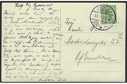 5 øre Chr. X på brevkort dateret Kalø Vig Badehotel annulleret med reserve bureaustempel (R1) Jydske Jernb. Pkt. T.954 d. 11.6.1917 til København. Stempel benyttet på strækningen Fredericia-Aalborg i perioden 1917-1919. Tidl. registrerede dato.