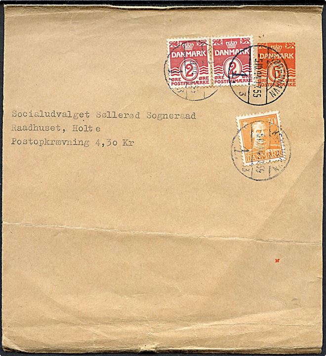6 øre helsagskorsbånd (fabr. 14) opfrankeret med 2 øre Bølgelinie (2) og 30 øre Chr. X sendt med postopkrævning fra København d. 5.10.1944 til Holte.