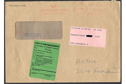 37 kr. firmafranko på rudekuvert med afleveringsattest fra Dommerkontoret i Frederikssund d. 11.3.1994 til Ølstykke. Returneret med oplysning om ny adresse. Afleveringsattest vedhæftet.