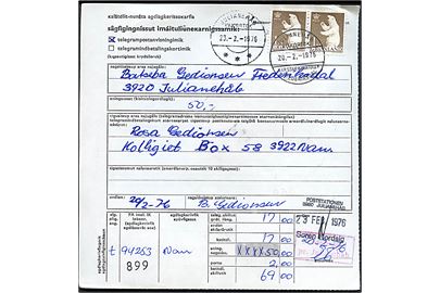 1 kr. Isbjørn i parstykke på Telegrampostanvisning annulleret Julianehåb / Frederiksdal d. 20.2.1976 til  Nanortalik.