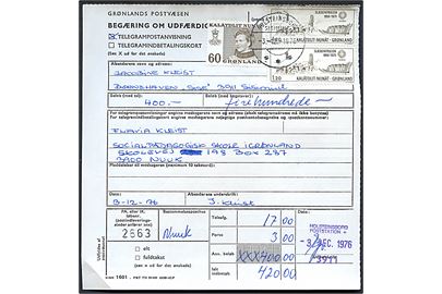 60 øre Margrethe og 1,20 kr. Siriuspatruljen (par) på Telegrampostanvisning stemplet Holsteinsborg d. 3.12.1976 til Godthåb.