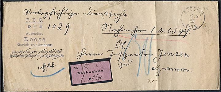 1886. Portopligtig tryksag med postopkrævning med enringsstempel Rödding d. 6.12.1886 til Gramm. Lodret fold.